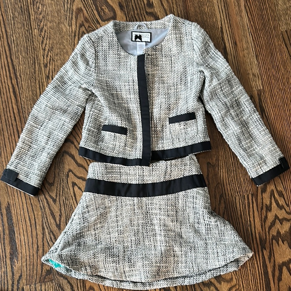 Stylish Kids Tweed Jacket and Skirt Set - Black and Gray